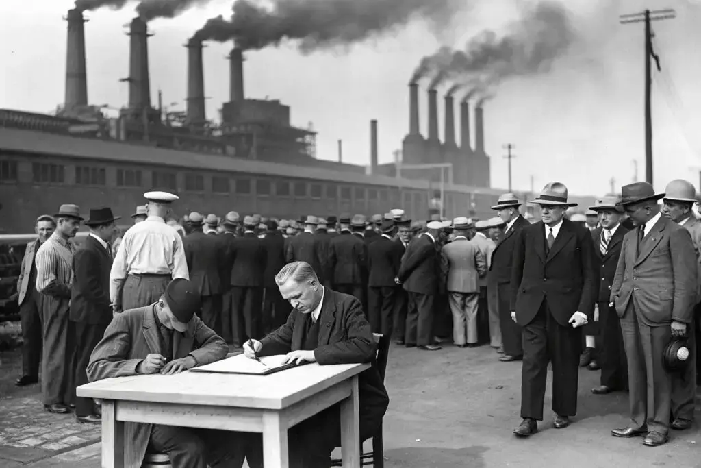 Vintage industrial scene, workers and businessmen