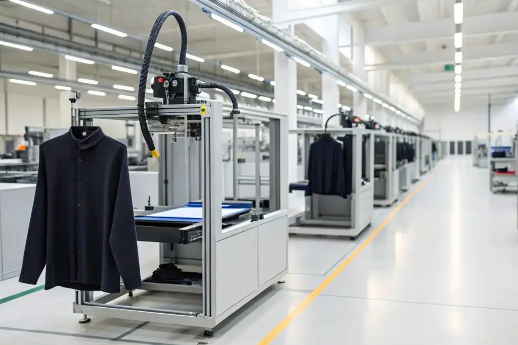 3D printer creating a clothing prototype in a production facility