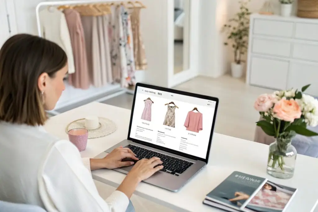 Woman browsing online fashion store for clothing purchases