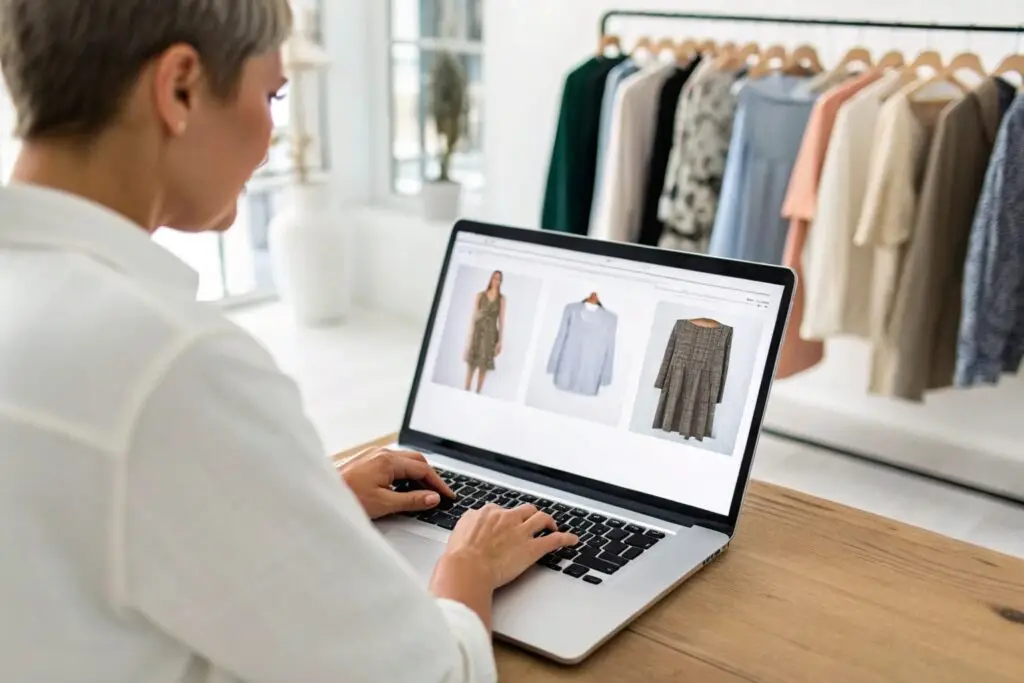 Boutique owner browsing clothing options on laptop, with dresses displayed
