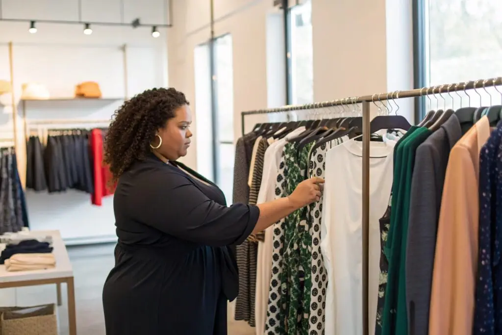 Boutique owner inspecting clothing collection in store