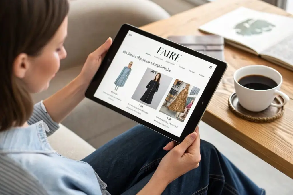 Online fashion shopping, browsing trendy clothing on a tablet