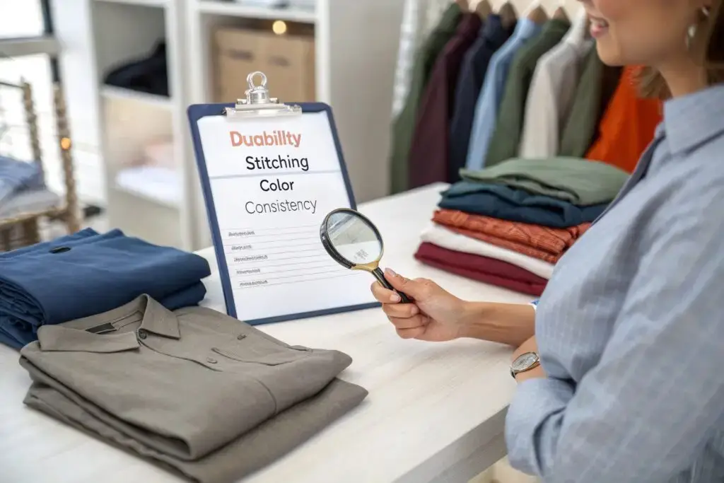 Fashion professional inspecting clothing quality and stitching