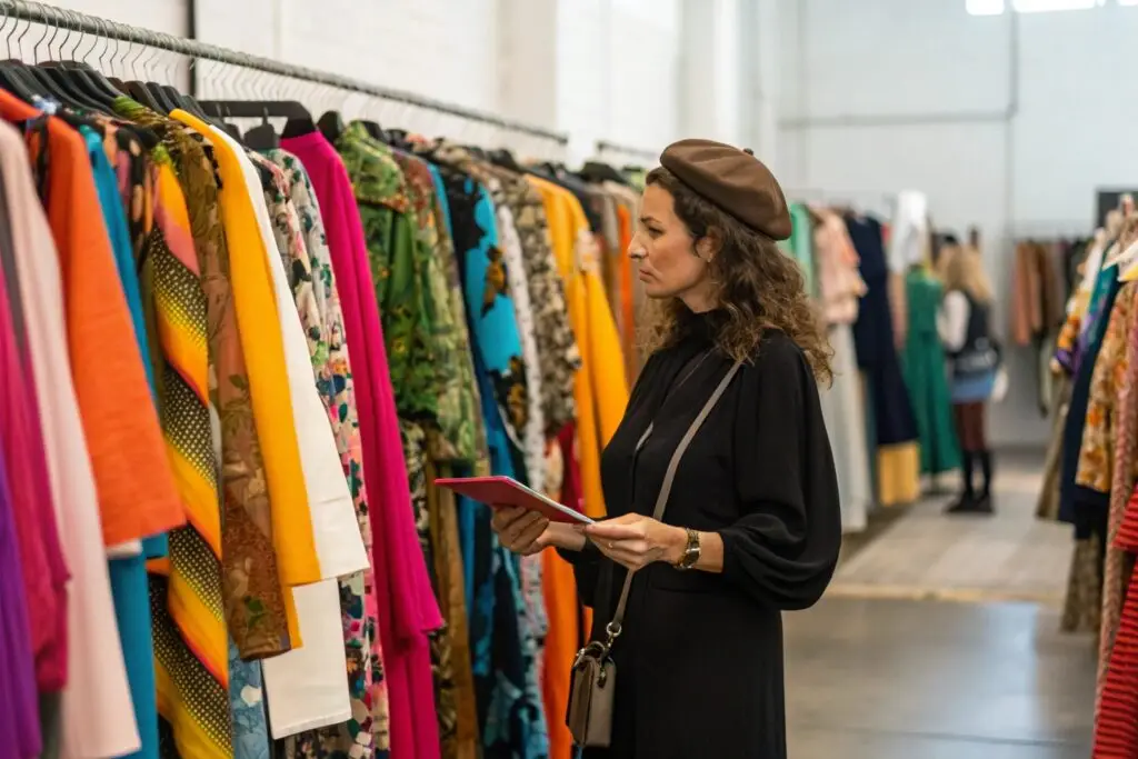 Boutique owner browsing colorful dresses and selecting options