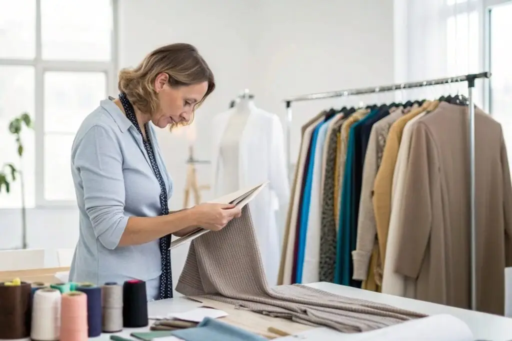 Boutique owner inspecting fabric samples and clothing designs in a studio