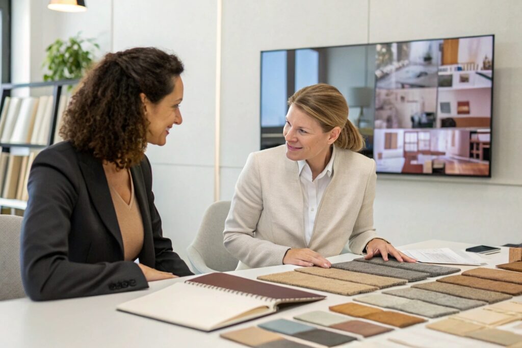 Boutique owner negotiating with a supplier over fabric samples