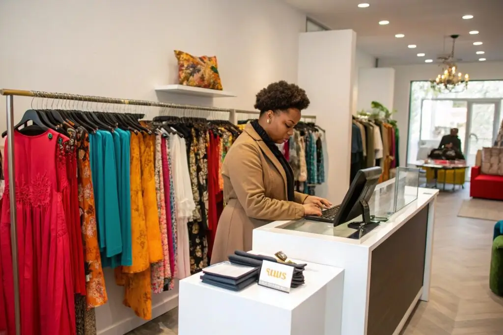 Boutique owner managing sales at a fashion store