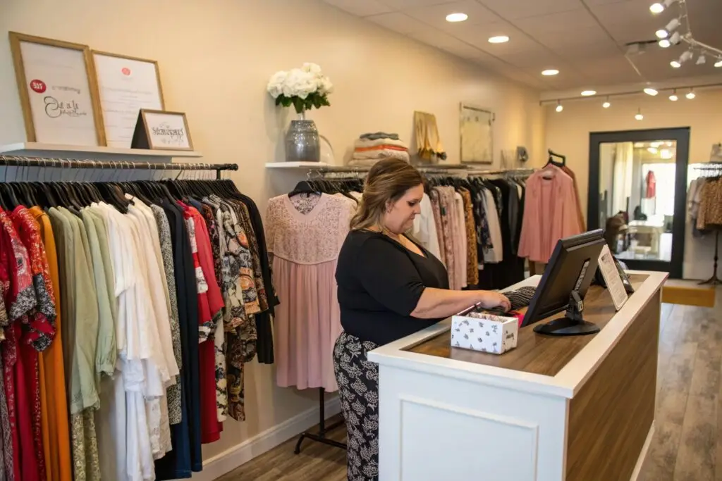 Boutique owner managing clothing inventory