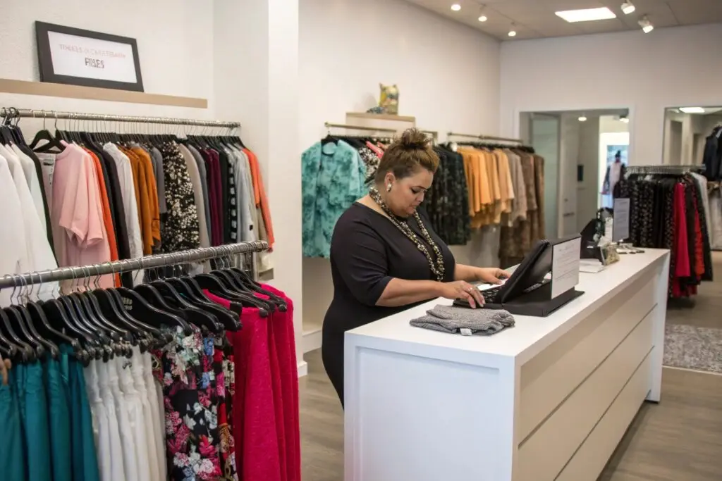 Boutique owner managing sales in a clothing store