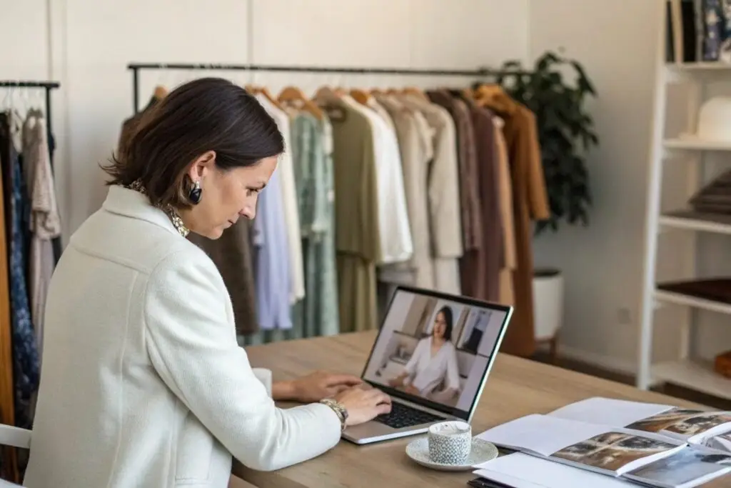 Boutique owner researching fashion trends on laptop, stylish workspace