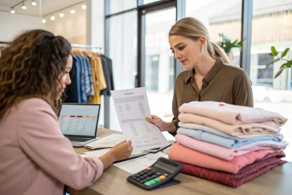 Wholesale clothing business meeting, discussing orders