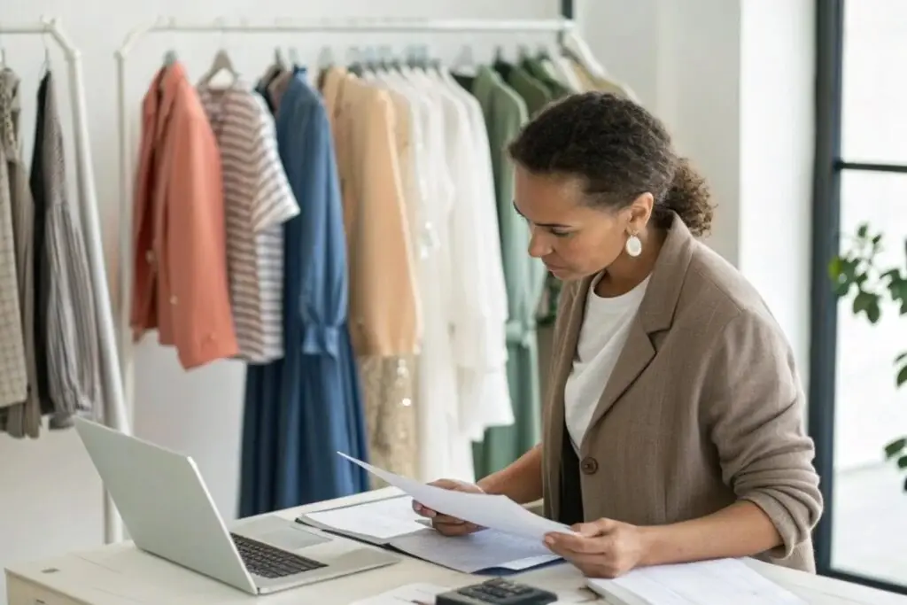 Boutique owner reviewing business documents with laptop in a clothing store