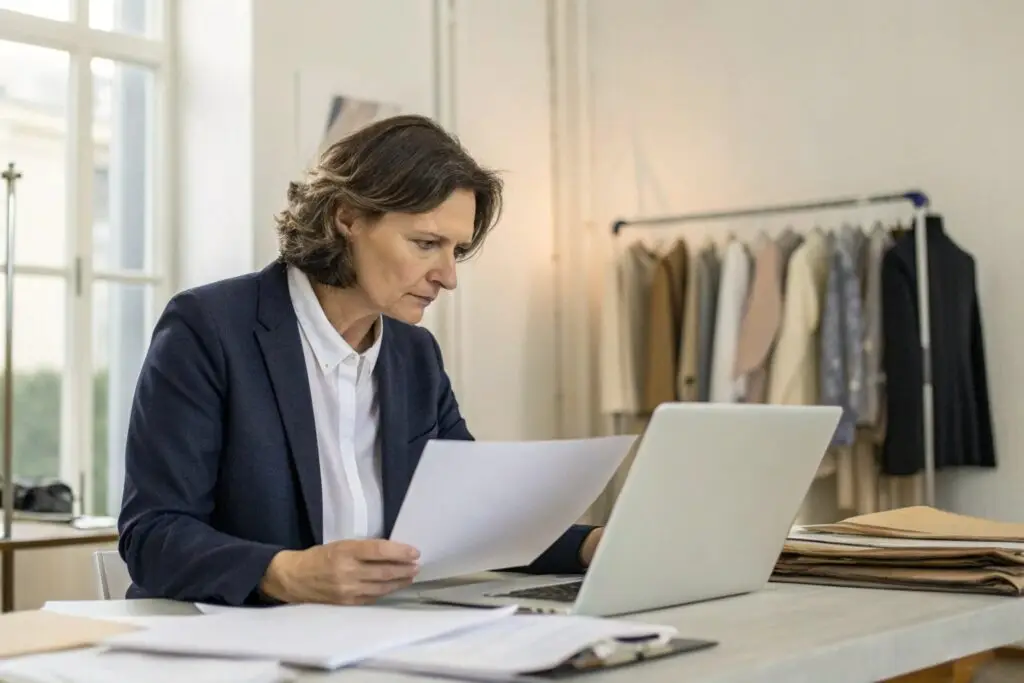 Boutique owner reviewing fashion documents and laptop in a studio setting