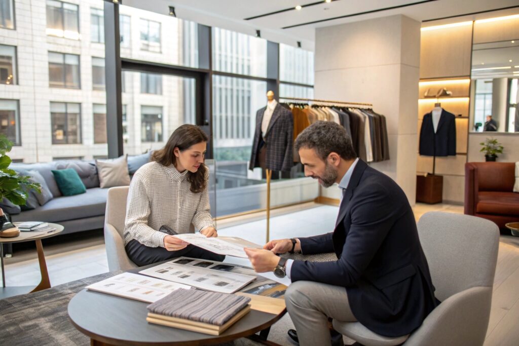 Business meeting in a clothing showroom, discussing fabric samples