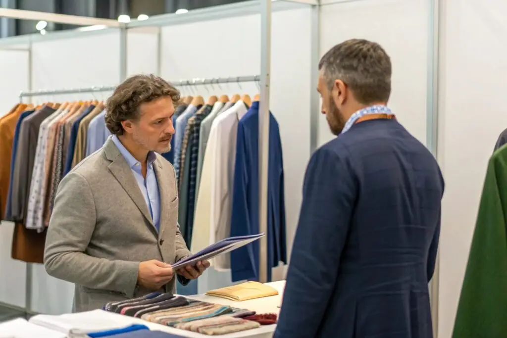 Business owner negotiating fabric deals at a trade show