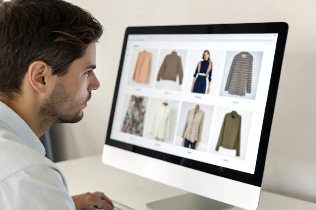 Business owner browsing clothing options on a computer screen