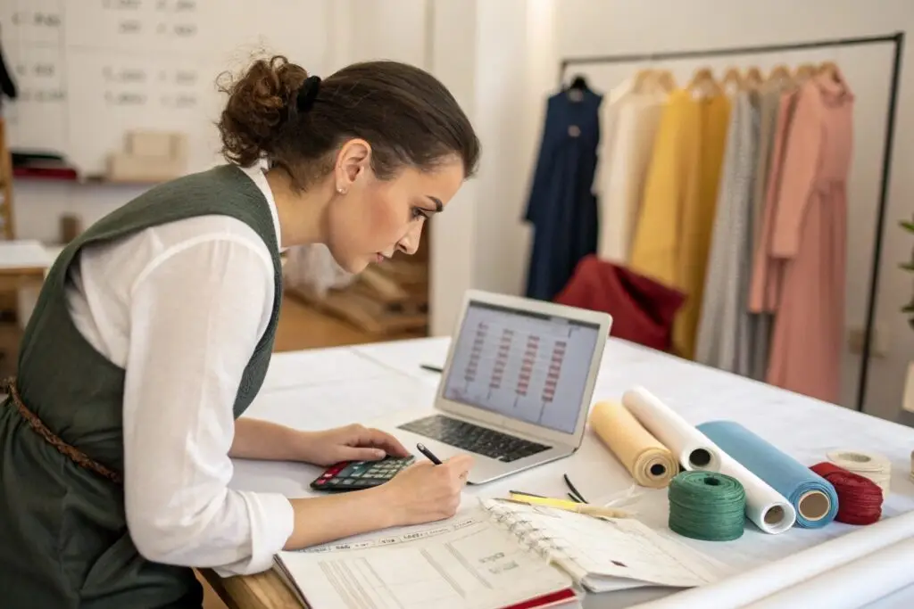 Business owner calculating costs and managing inventory with fabrics in the studio