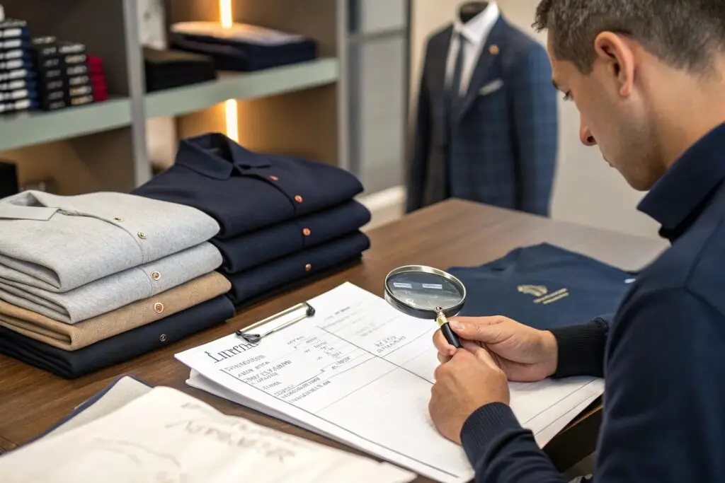 Fashion buyer inspecting garment quality and details