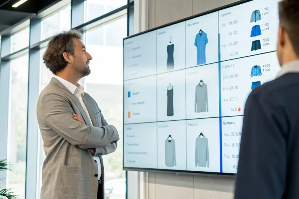 Business owner comparing clothing options