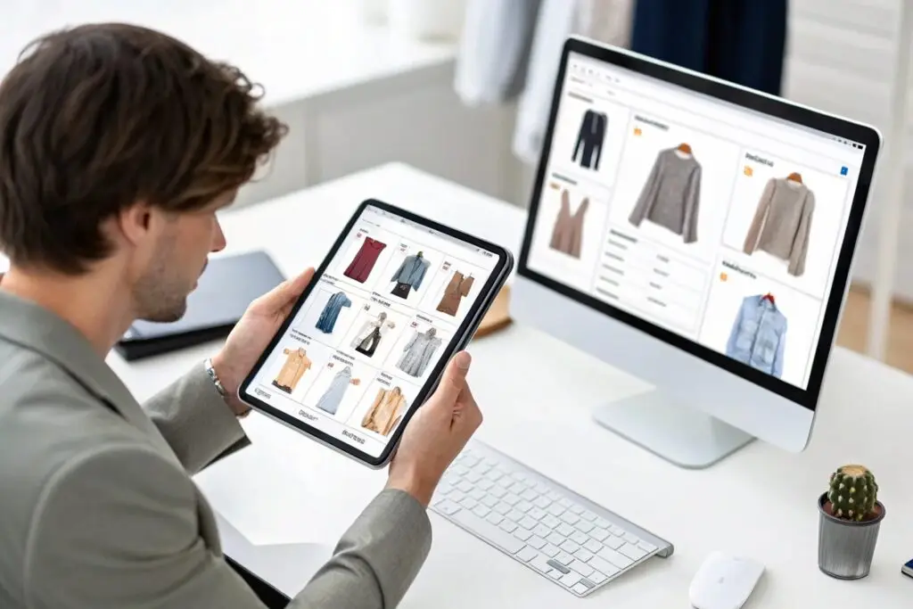 Wholesale clothing selection, a business owner comparing apparel options on tablet