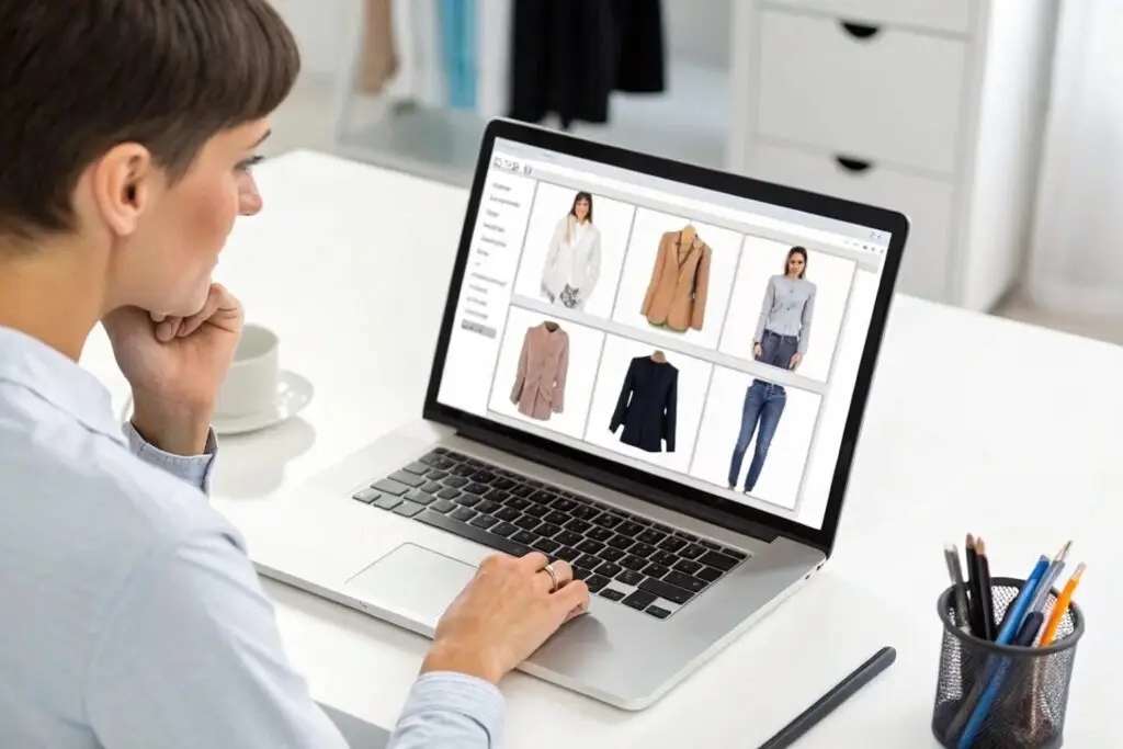 Business owner evaluating clothing designs on an online store