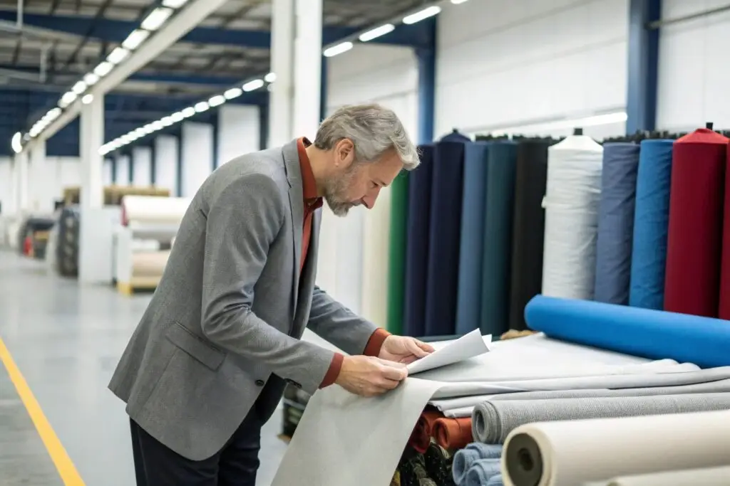 Business owner inspecting fabric rolls and production documents in a factory