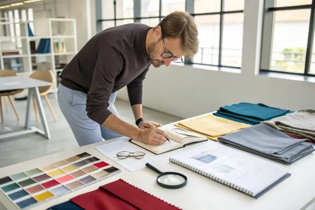 Business owner reviewing clothing orders on a laptop with fabric samples