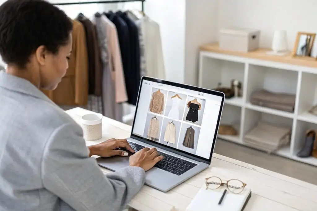 Business owner listing clothing products online in a boutique