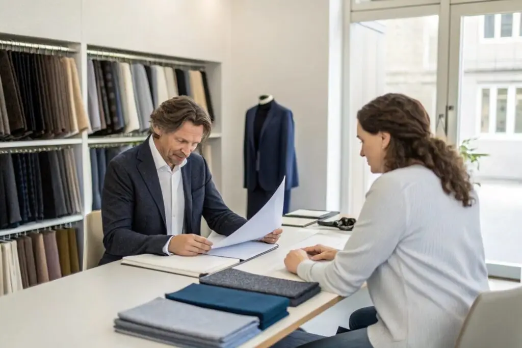 Business owner discussing fabric samples with a colleague in a design studio