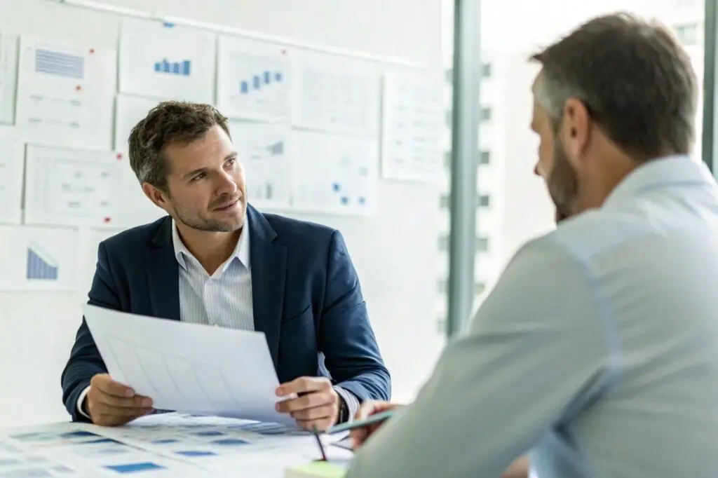 Business owners discussing and reviewing graphs in a meeting
