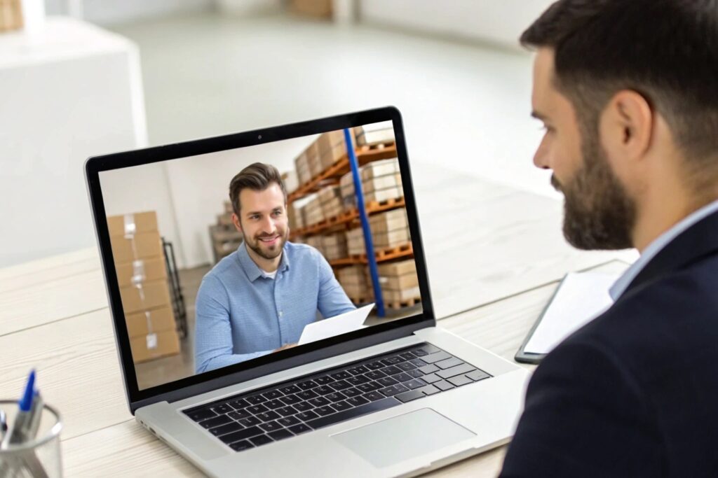 Business owner negotiating with a supplier over video call