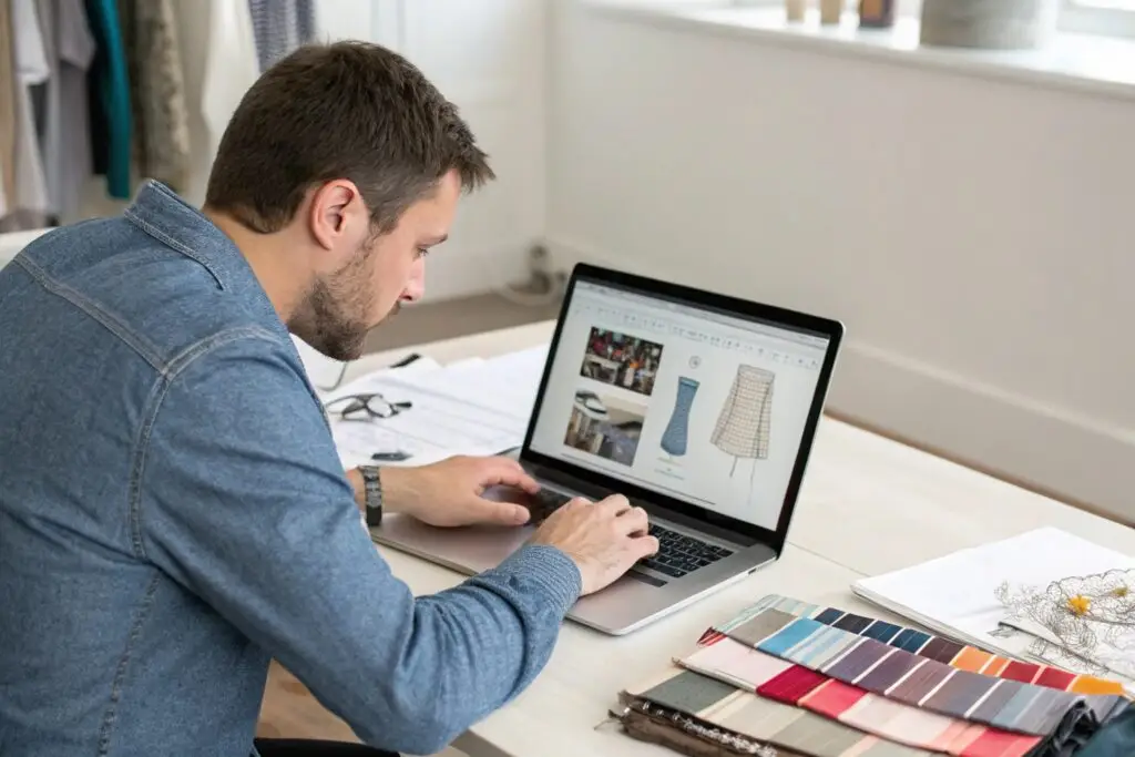 Business owner researching designs on laptop with fabric samples