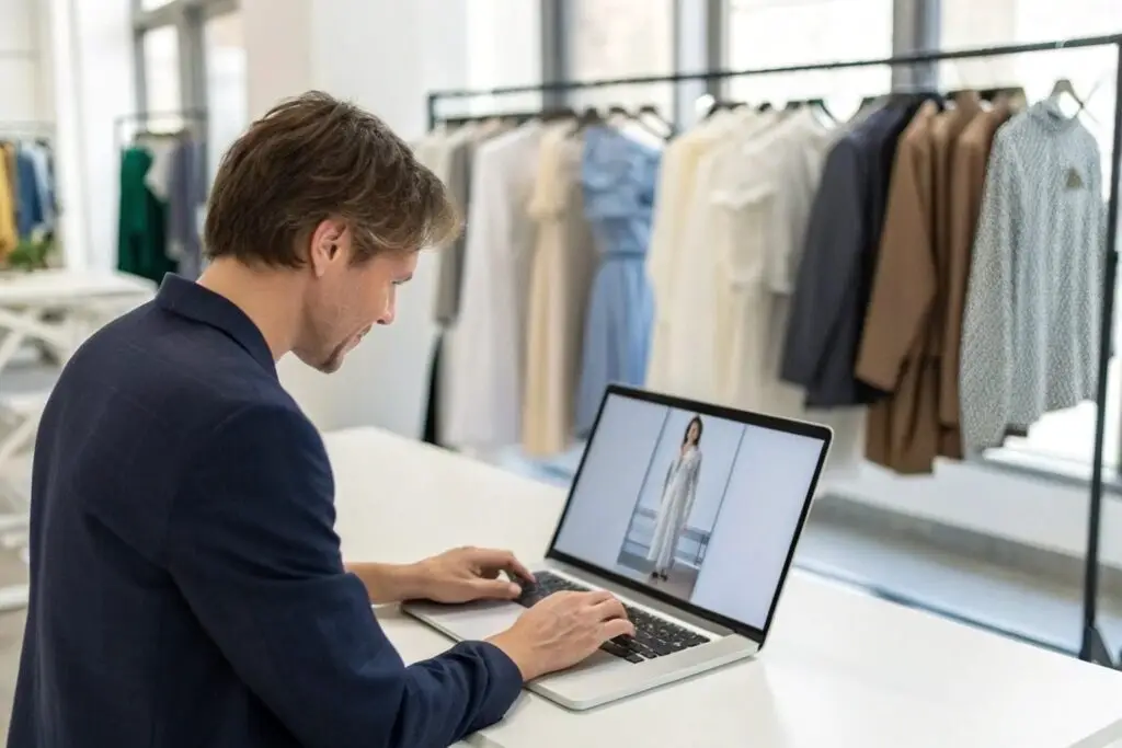 Business owner reviewing clothing designs on laptop, with garments displayed in background
