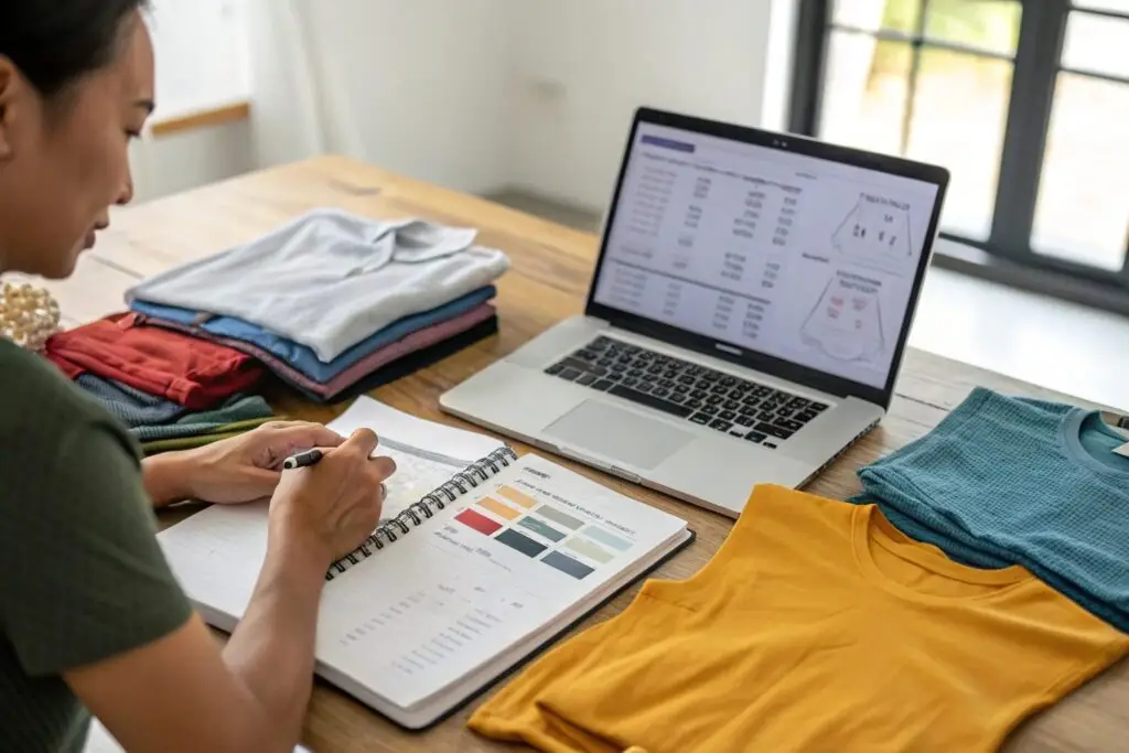 Business owner reviewing apparel color samples and pricing on a laptop