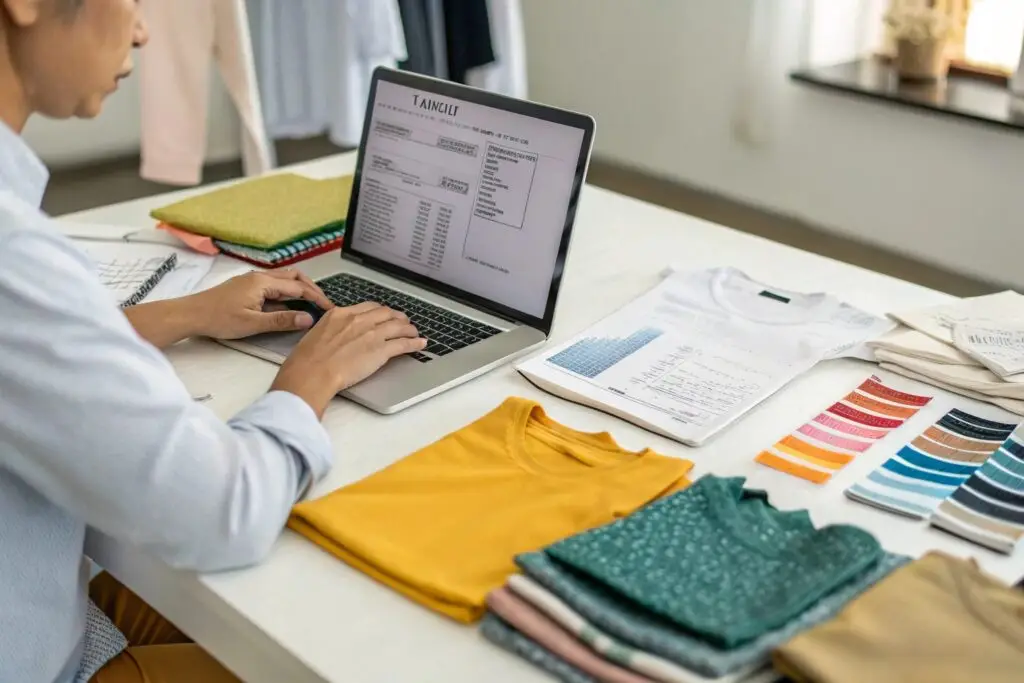 Business owner reviewing clothing orders on a laptop with fabric samples