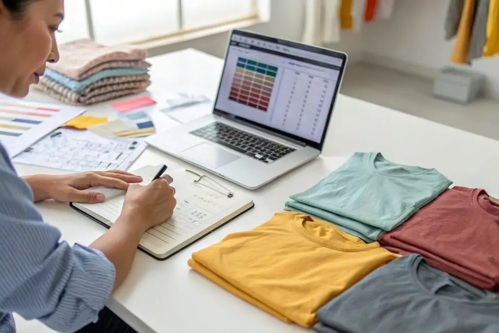 Business owner reviewing a color palette and inventory for T-shirt production