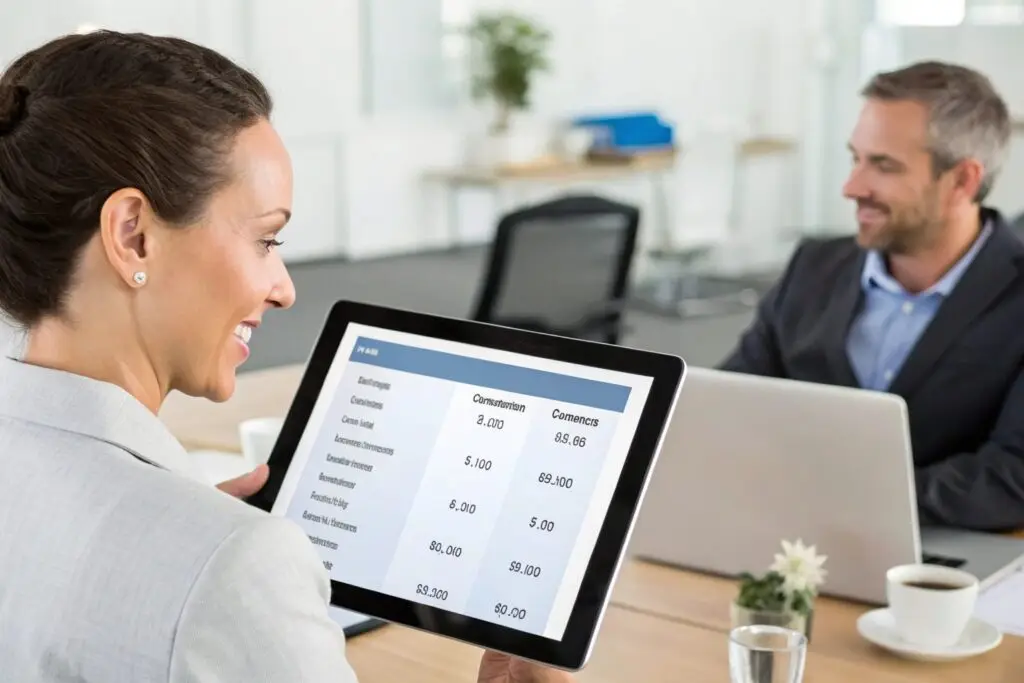 Business owner reviewing bulk order pricing on a tablet