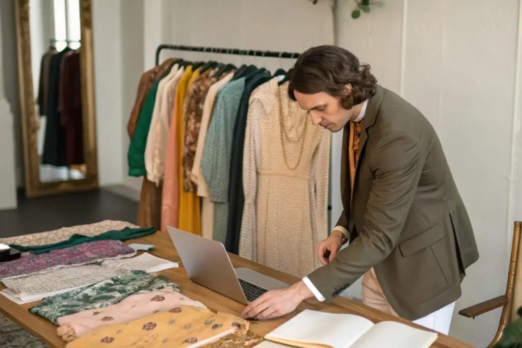 Business owner reviewing clothing designs in a boutique