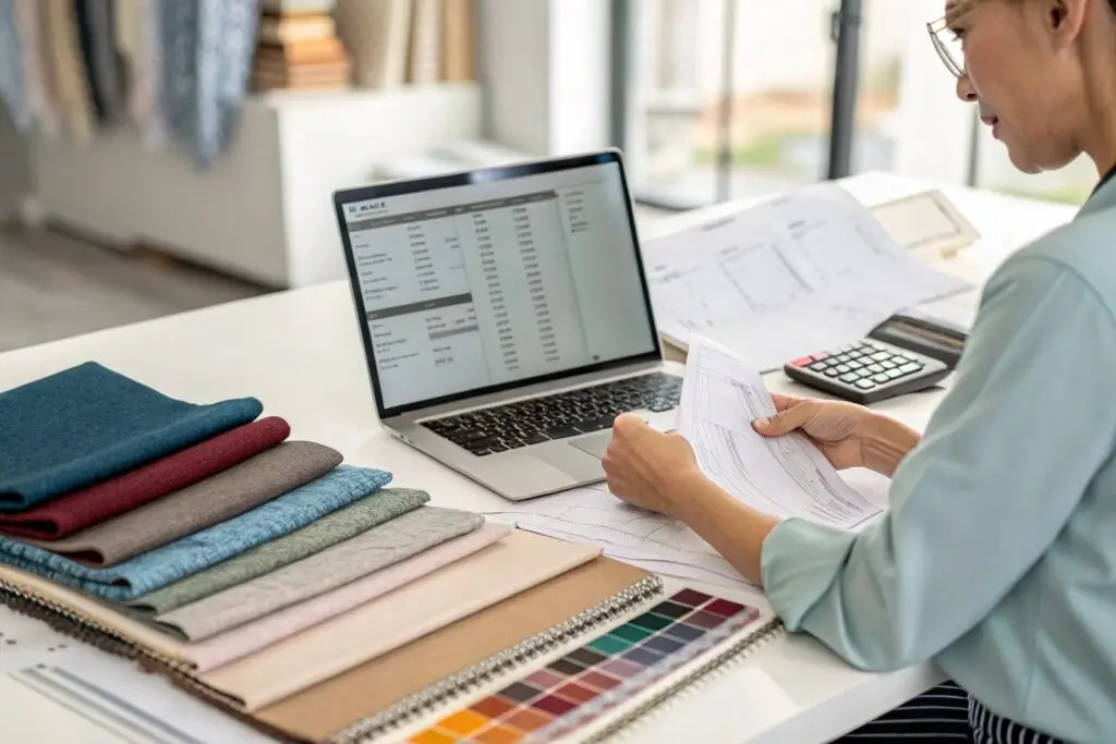 Fabric expert inspecting textile quality with magnifier.
