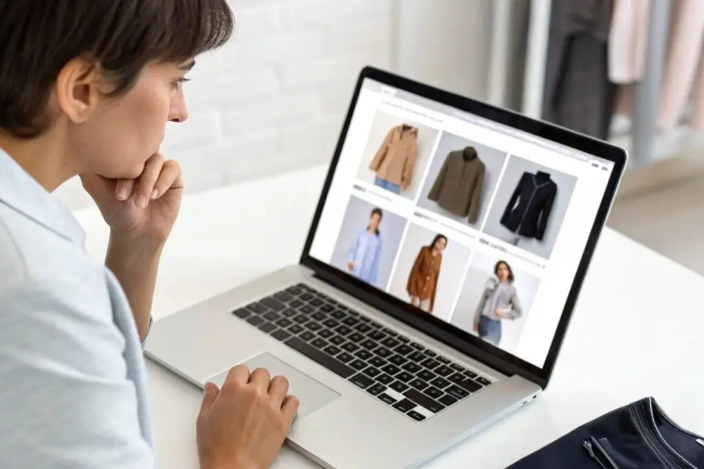 Business owner reviewing wholesale clothing online