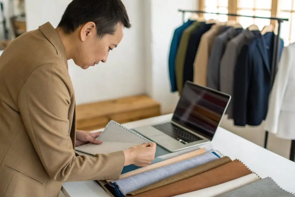Business owner reviewing fabric samples and designs