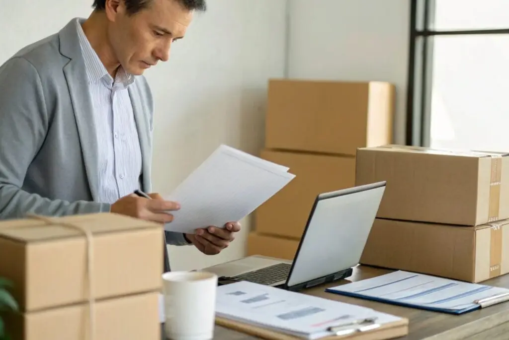 Business owner reviewing shipment details and packaging