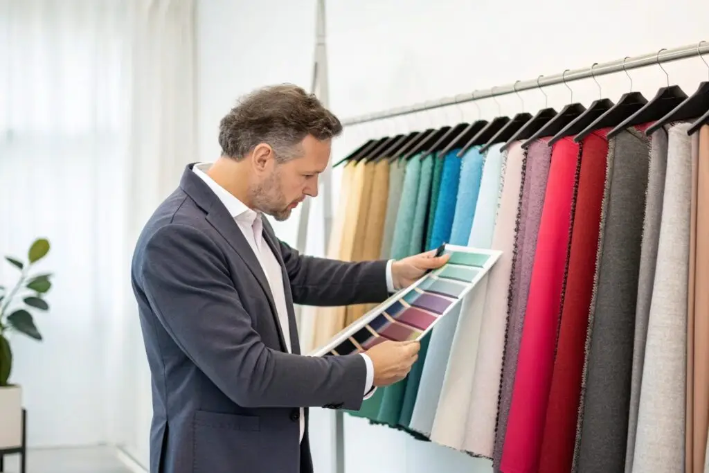Business owner reviewing fabric color swatches for clothing designs