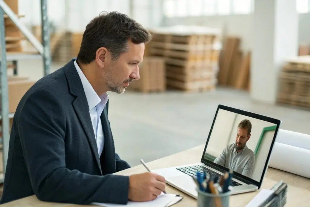 Business negotiation online, professional discussing supply chain details via video call