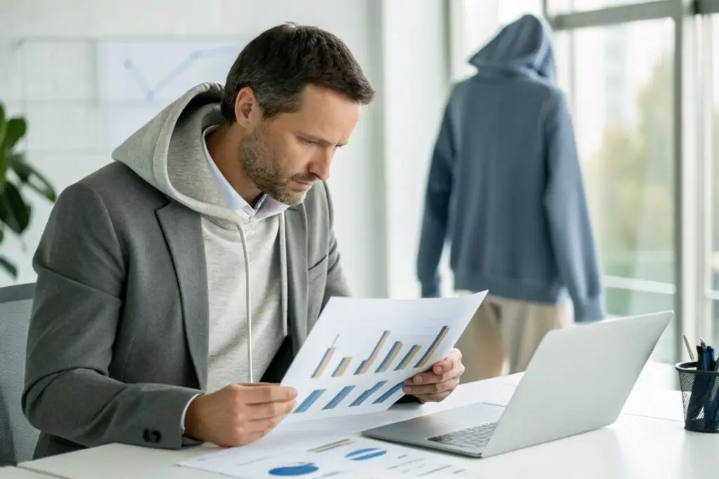 Business owner reviewing sales and inventory charts, with clothing visible in the background