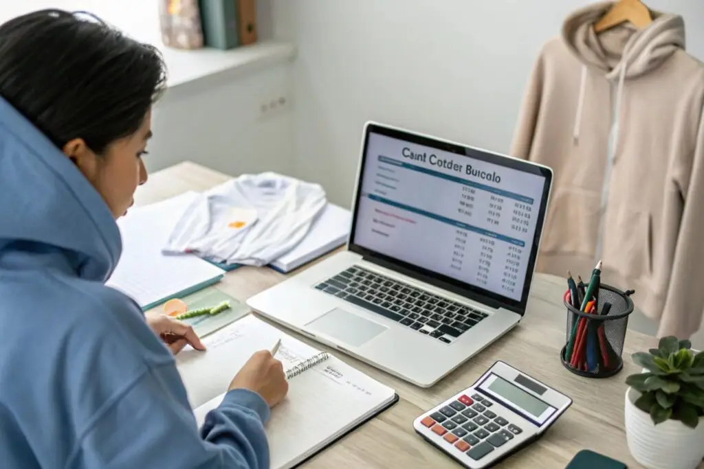 Business owner reviewing clothing inventory data on laptop, with notebook and calculator