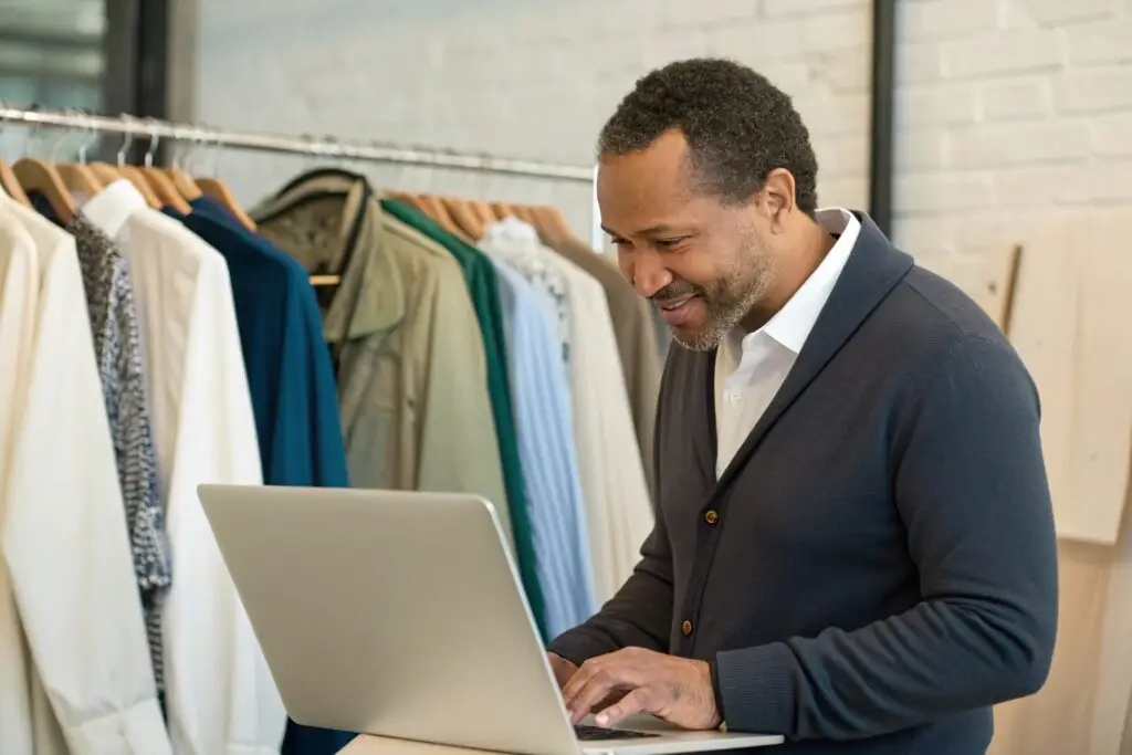 Business owner reviewing various clothing styles in a boutique