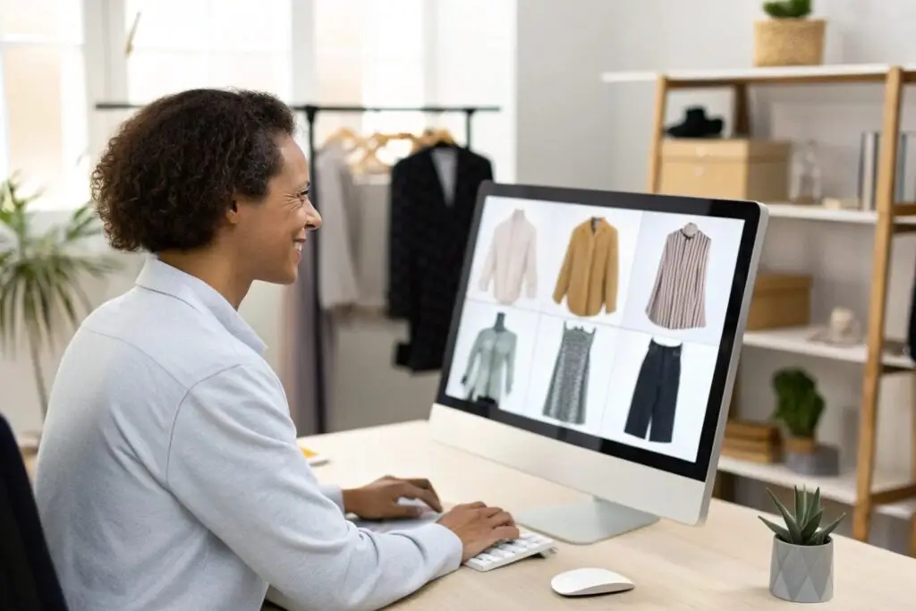 Wholesale clothing review, a business owner checking clothing options on a desktop screen