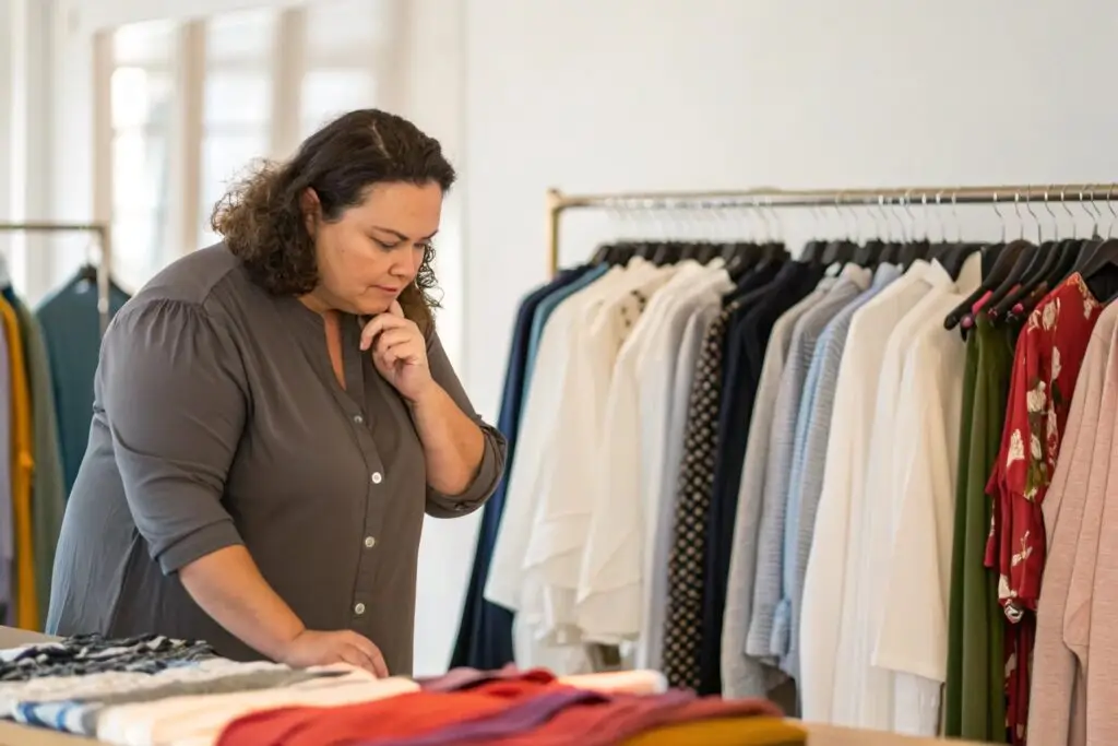 Business owner selecting plus-size clothing designs in a boutique