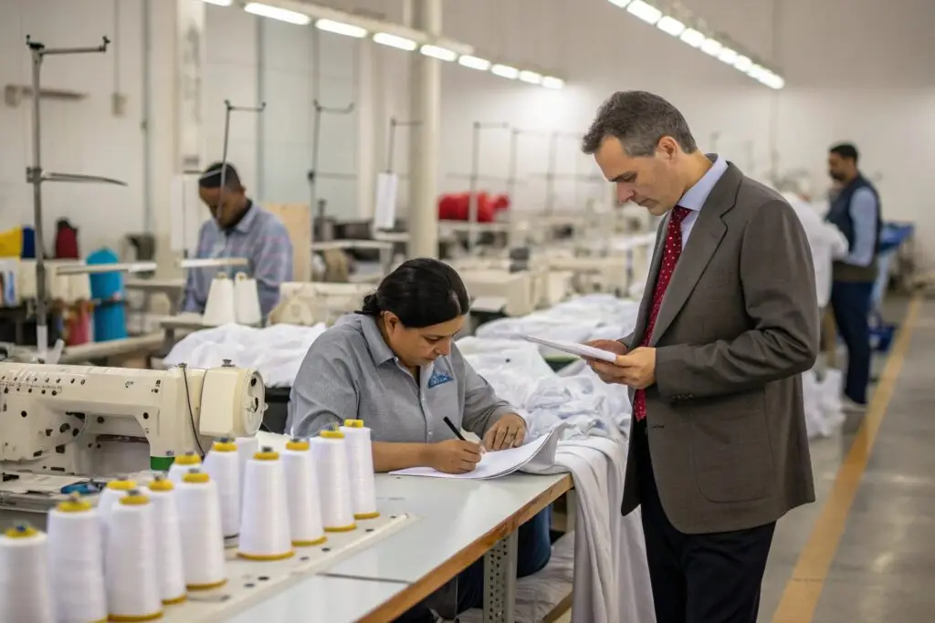 Garment factory manager inspecting production and documents
